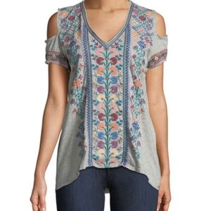 Johnny Was Clover Cold Shoulder Top Tee JWLA Embroidered Shirt XS NWT